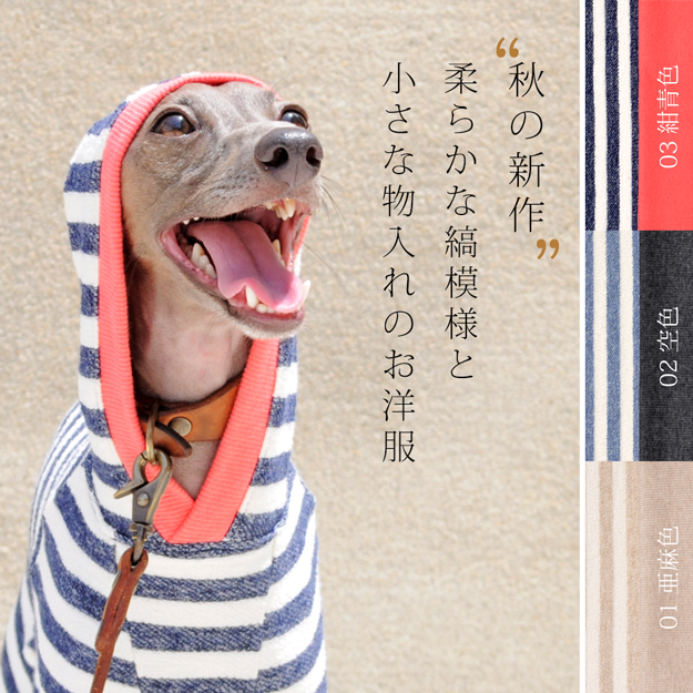 「秋の新作犬服」柔らかな縞模様と小さな物入れのお洋服|「小さな物入れに、なに入れようかなぁ〜♪」