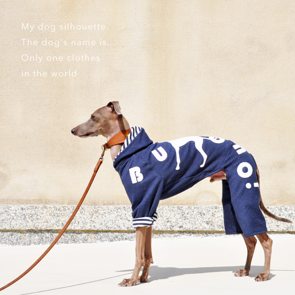41日かかって遂に完成「犬服」My dog silhouette. The dog's name is...「世界に1つだけの洋服」｜ロンパース（ボーダー裏地付き）×選べる３カラー