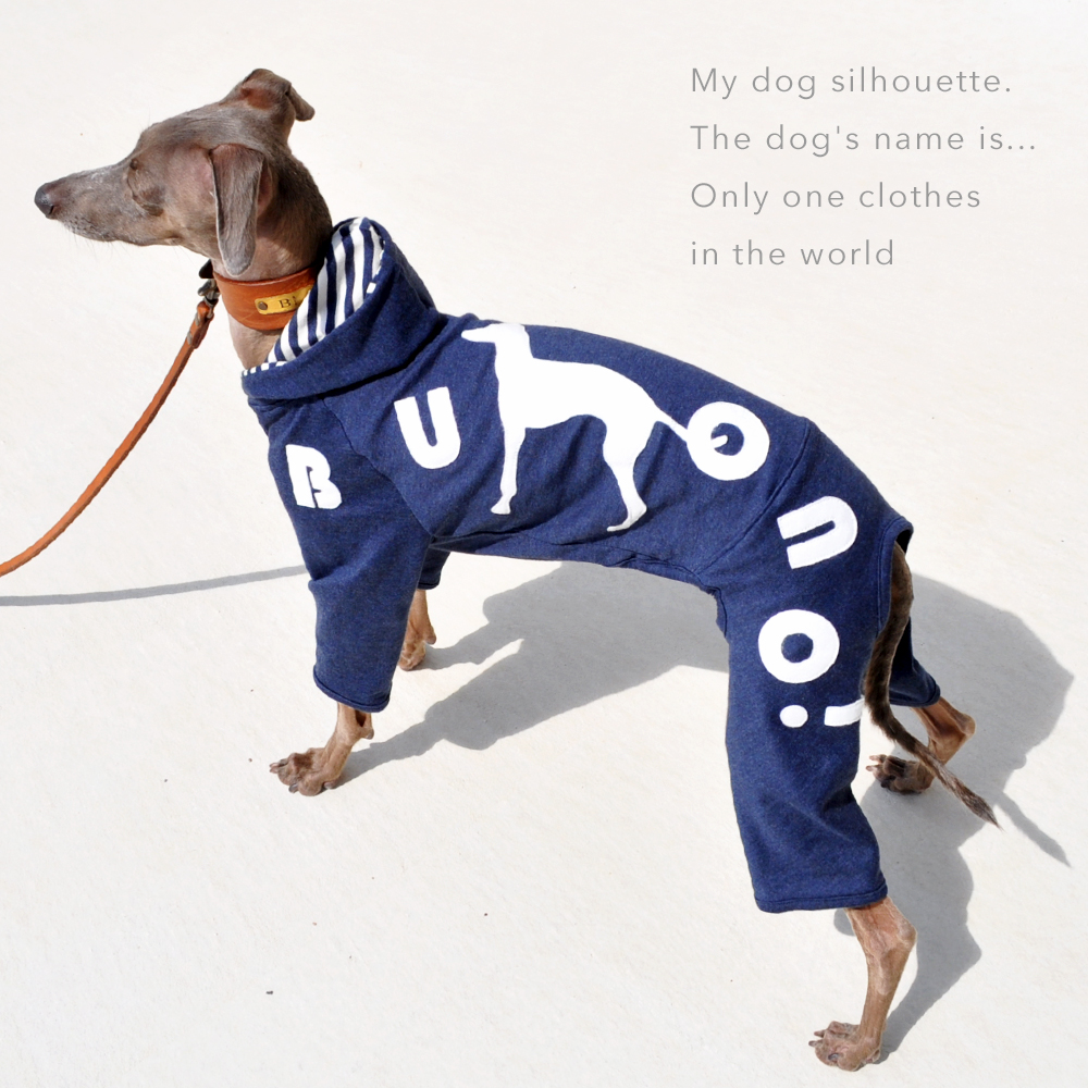 41日かかって遂に完成「犬服」My dog silhouette. The dog's name is...「世界に1つだけの洋服」｜ロンパース（ボーダー裏地付き）×選べる３カラー