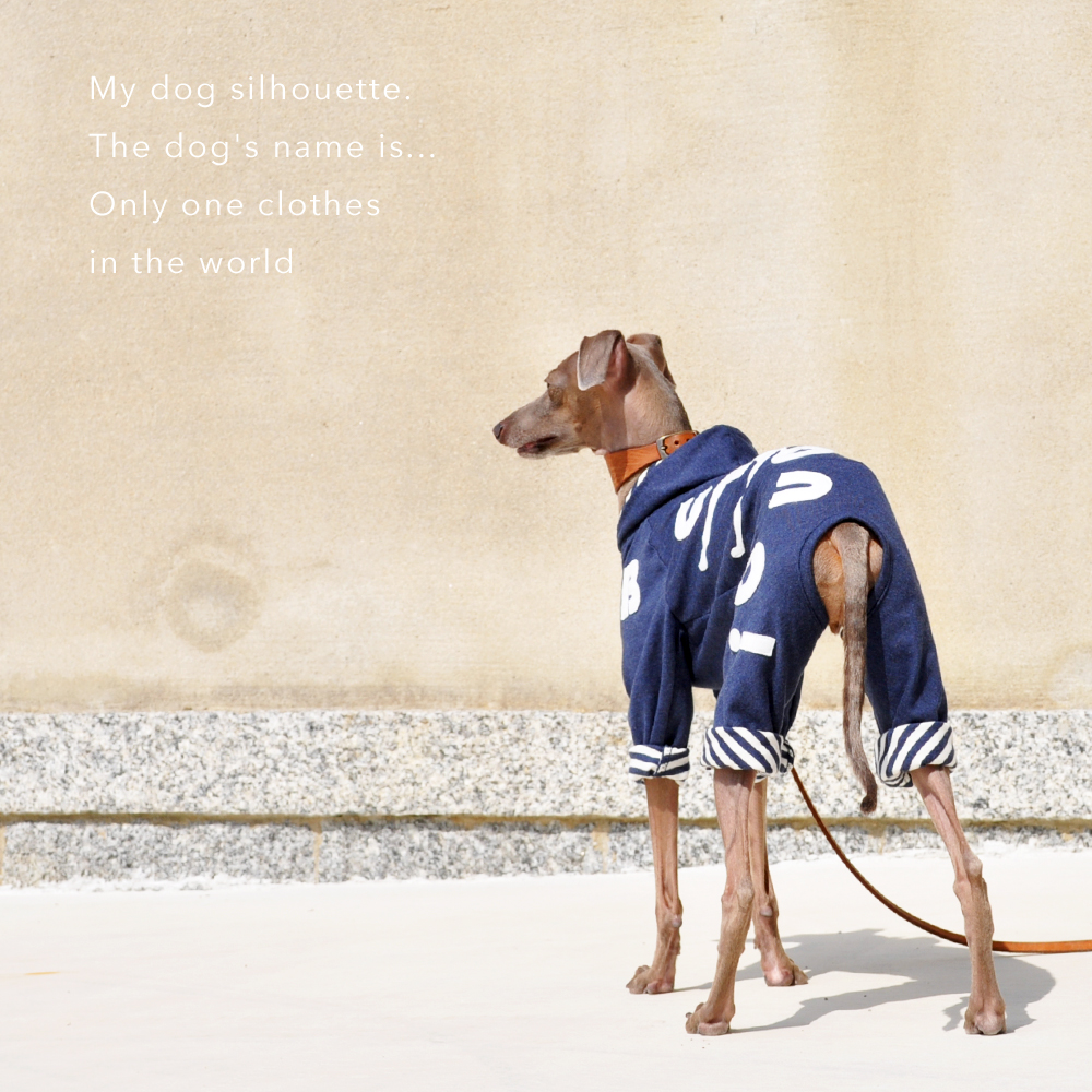 41日かかって遂に完成「犬服」My dog silhouette. The dog's name is...「世界に1つだけの洋服」｜ロンパース（ボーダー裏地付き）×選べる３カラー