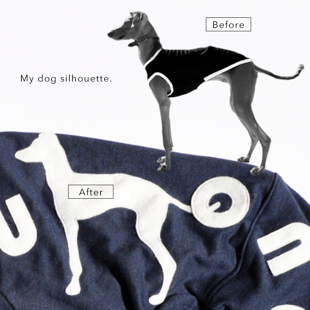 41日かかって遂に完成「犬服」My dog silhouette. The dog's name is...「世界に1つだけの洋服」｜ロンパース（ボーダー裏地付き）×選べる３カラー