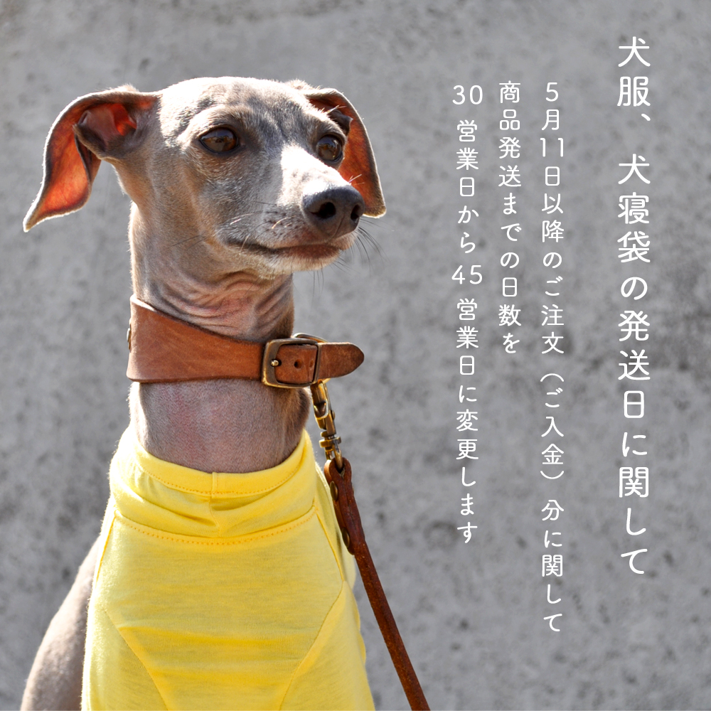 「犬服、犬寝袋の発送日に関して」2016年5月11日以降のご注文(ご入金)分に関して、商品発送までの日数を30営業日から45営業日に変更します