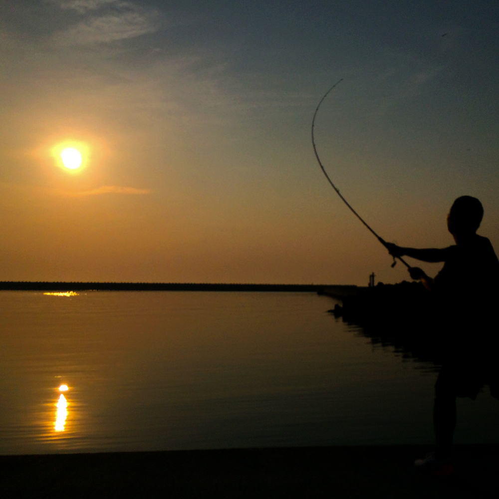 「淡路島の漁港」夕暮れのひととき、釣竿片手に愛犬と散歩に行く。