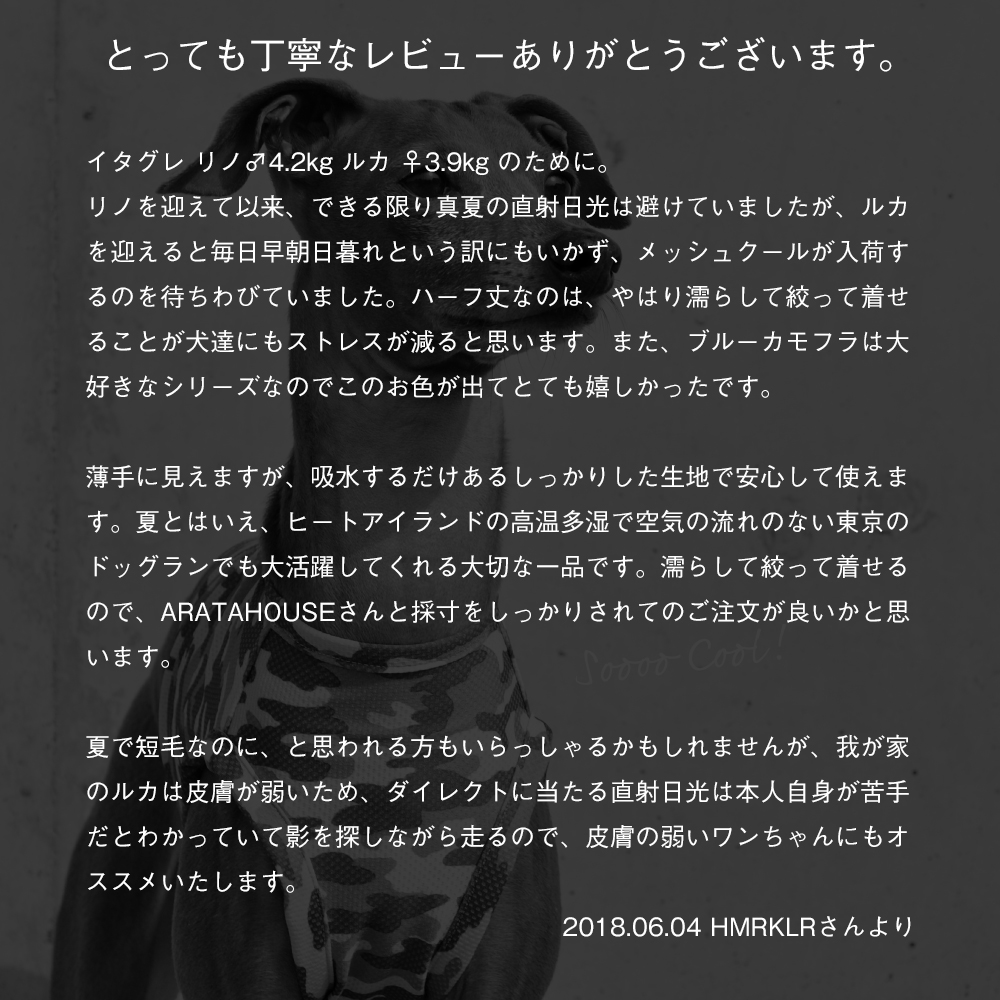 犬達のストレスが減る!!「SOOOO COOL! 水に濡らしてひんやり!UVカット90%|ウォータークールクロス特殊冷感ニット」に頂きましたレビューです。