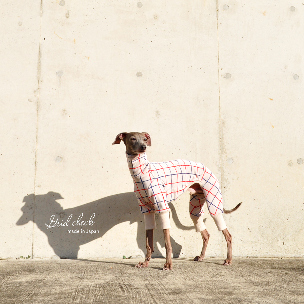 犬服｜3cm×3cmグリッドチェック｜日本製ジャガードニット｜選べる４タイプ×２カラー（アイボリー/レッド）