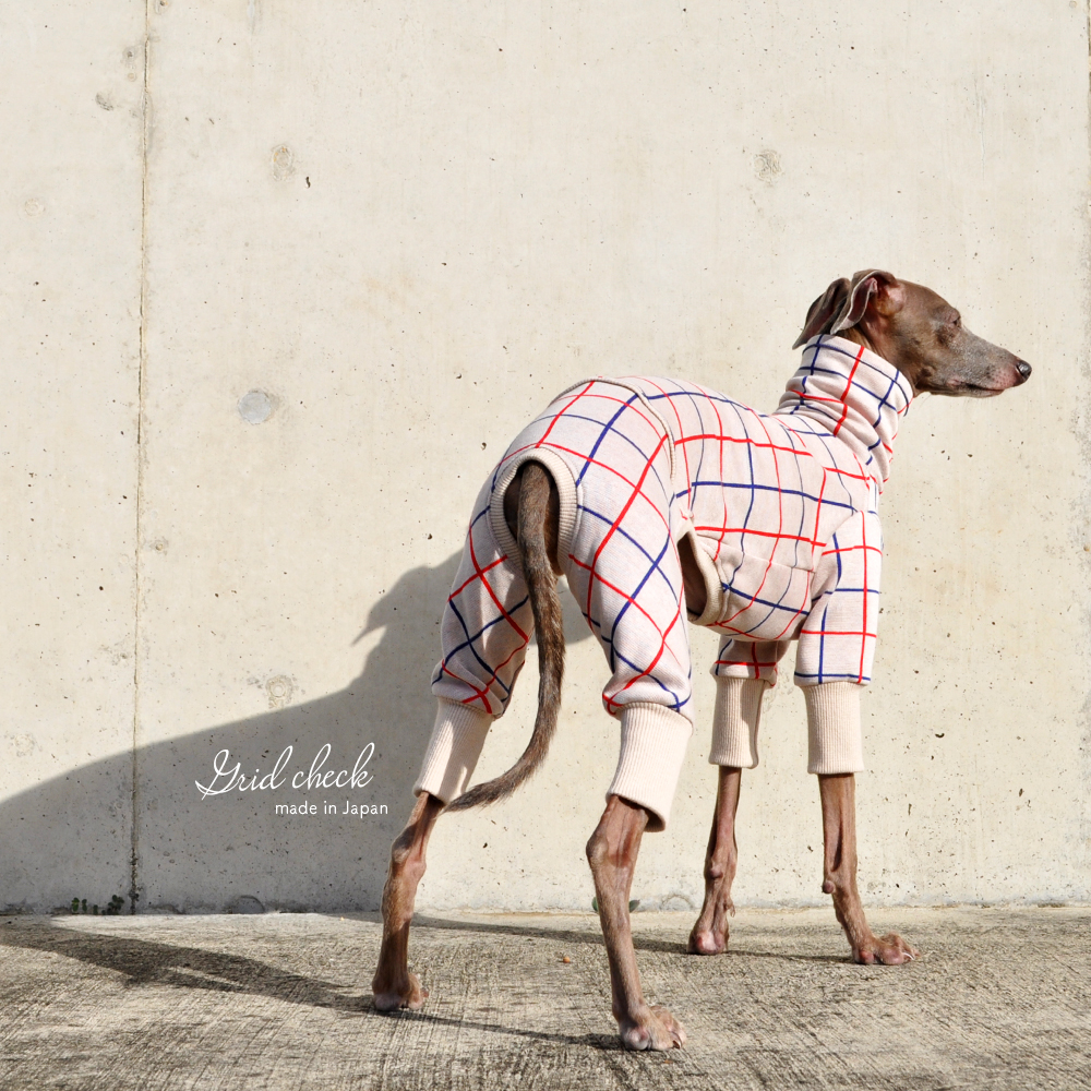 犬服｜3cm×3cmグリッドチェック｜日本製ジャガードニット｜選べる４タイプ×２カラー（アイボリー/レッド）