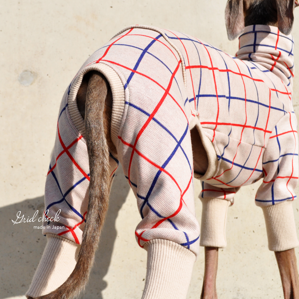 犬服｜3cm×3cmグリッドチェック｜日本製ジャガードニット｜選べる４タイプ×２カラー（アイボリー/レッド）