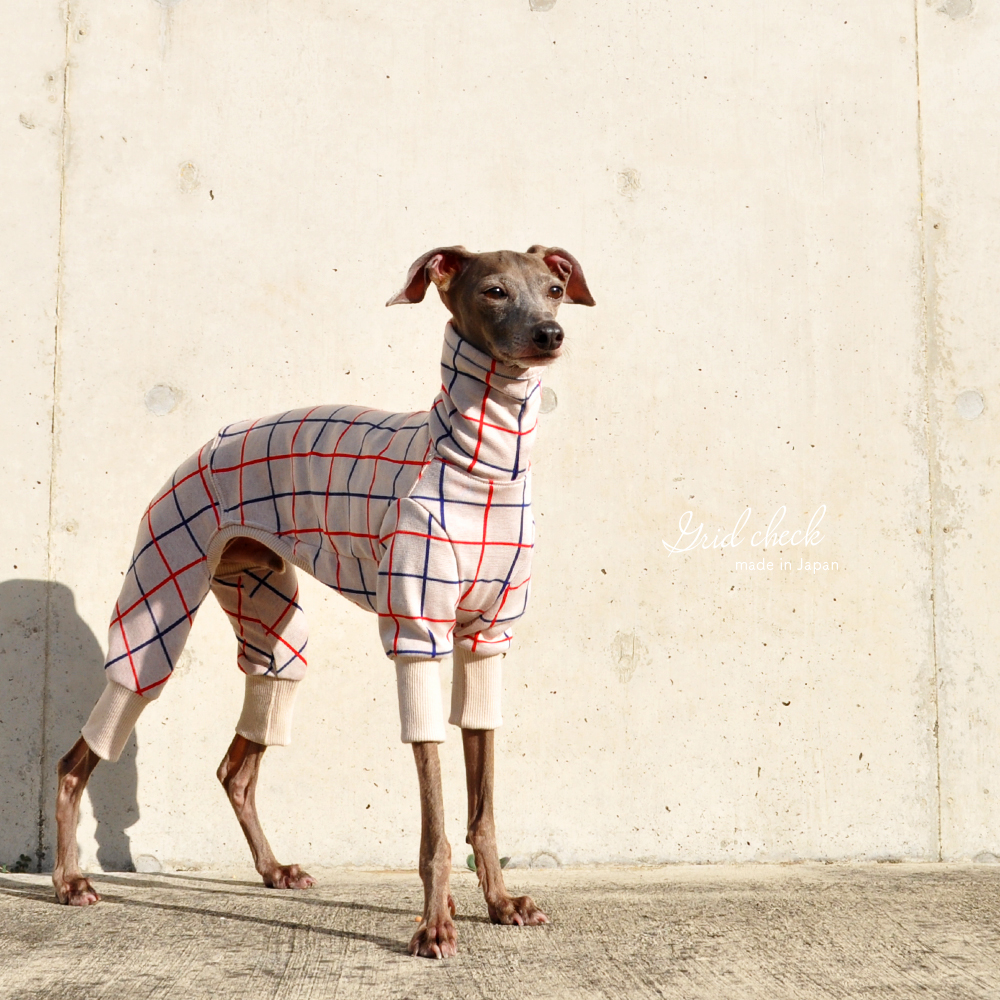 犬服｜3cm×3cmグリッドチェック｜日本製ジャガードニット｜選べる４タイプ×２カラー（アイボリー/レッド）