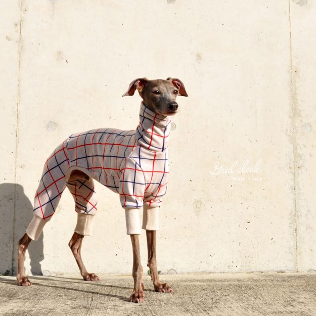 犬服｜3×3グリッドチェック｜日本製ジャガードニット｜選べる４タイプ×２カラー（アイボリー/レッド）