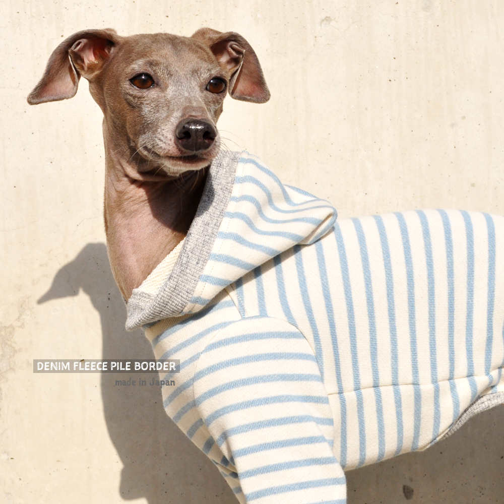 犬服｜デニム裏毛パイルボーダー｜選べる４タイプ×３カラー（アクア/グリーン/ネイビー）