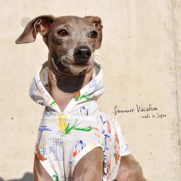 犬服|Summer Vacation|上質な日本製強撚天竺ニットプリント|選べる4タイプ×2カラー(ブルー文字/ブラック文字)