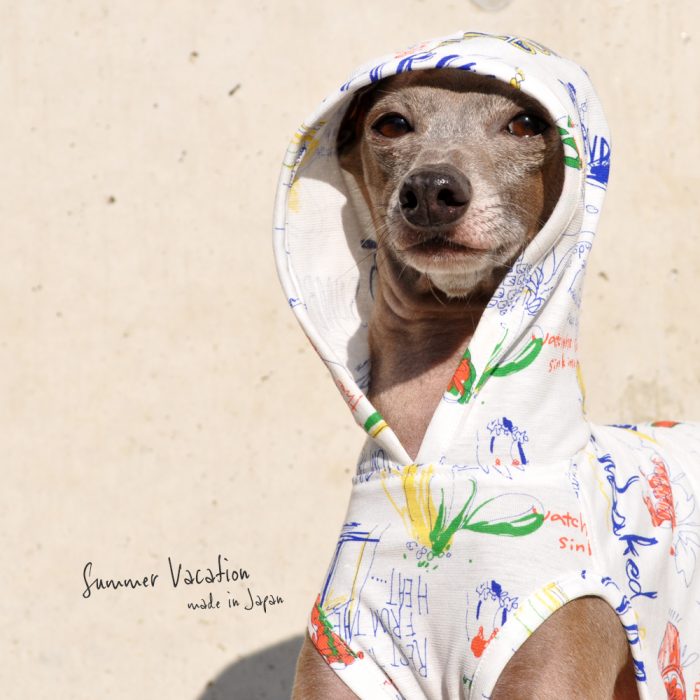犬服|Summer Vacation|上質な日本製強撚天竺ニットプリント|選べる4タイプ×2カラー(ブルー文字/ブラック文字)