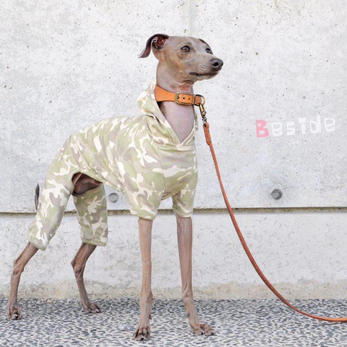 迷彩柄のミニピンパーカーは汚れも目立たないので芝で遊んでも平気