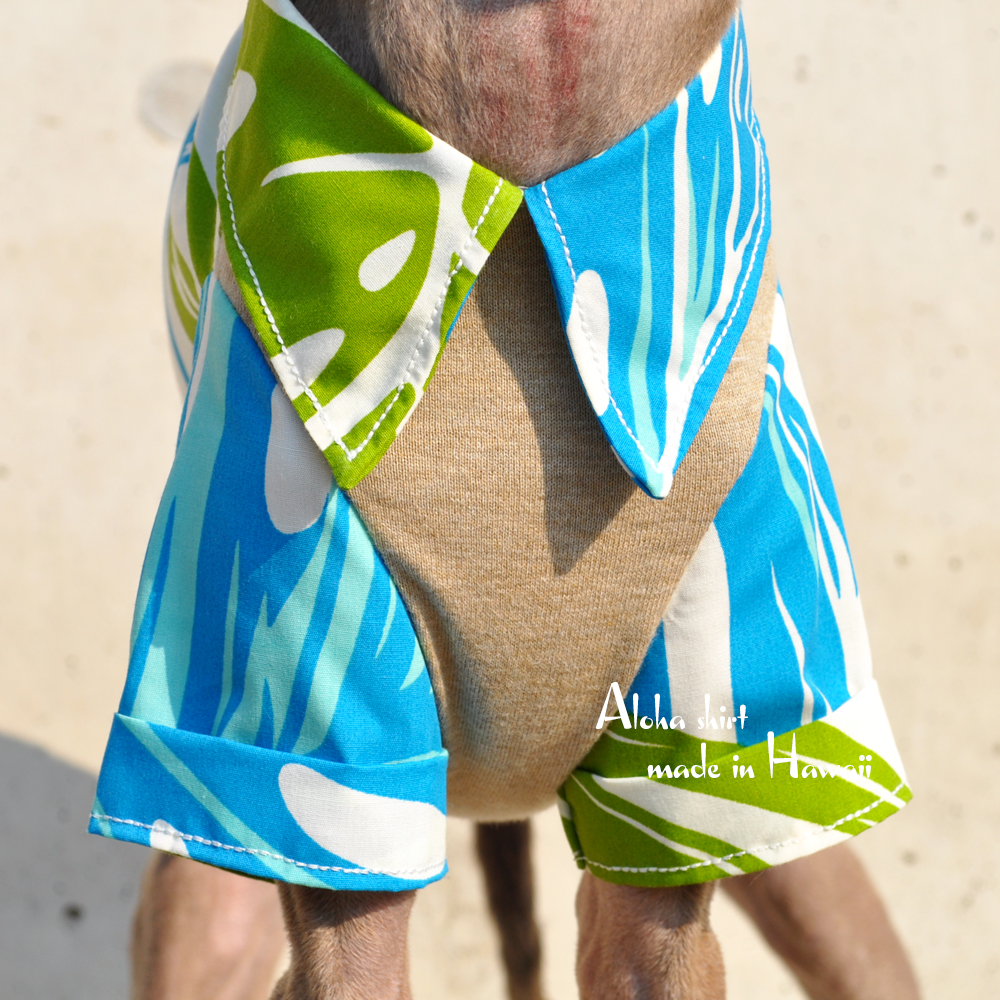 犬服|アロハシャツ(モンステラ)|アメリカハワイ輸入プリント|選べる3タイプ×2カラー(ブルー/オレンジ)「襟カスタマイズ可能」