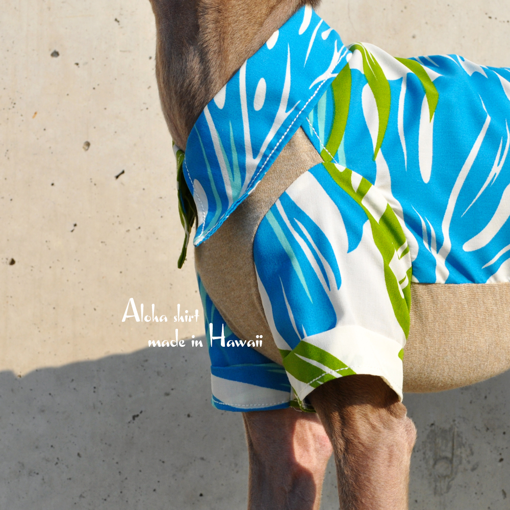 犬服|アロハシャツ(モンステラ)|アメリカハワイ輸入プリント|選べる3タイプ×2カラー(ブルー/オレンジ)「襟カスタマイズ可能」